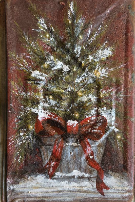 Holiday Evergreen | Original Painting on Vintage Tin