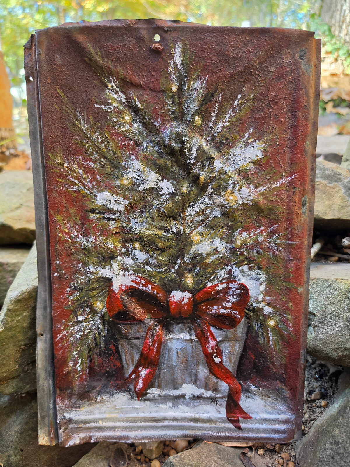 Holiday Evergreen | Original Painting on Vintage Tin