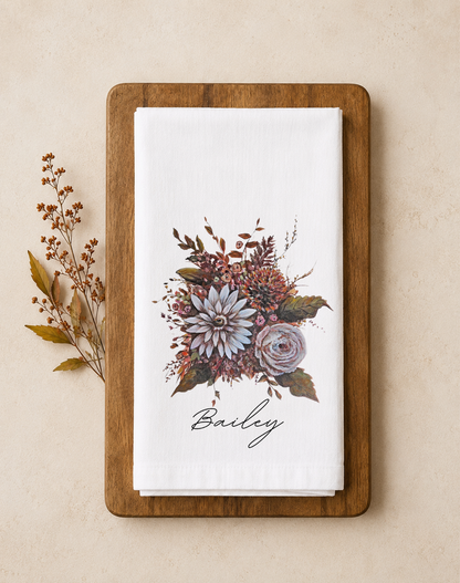 Personalized Fall Floral Tea Towel - Hand Painted Design by Natalie Runkle