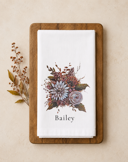 Personalized Fall Floral Tea Towel - Hand Painted Design by Natalie Runkle