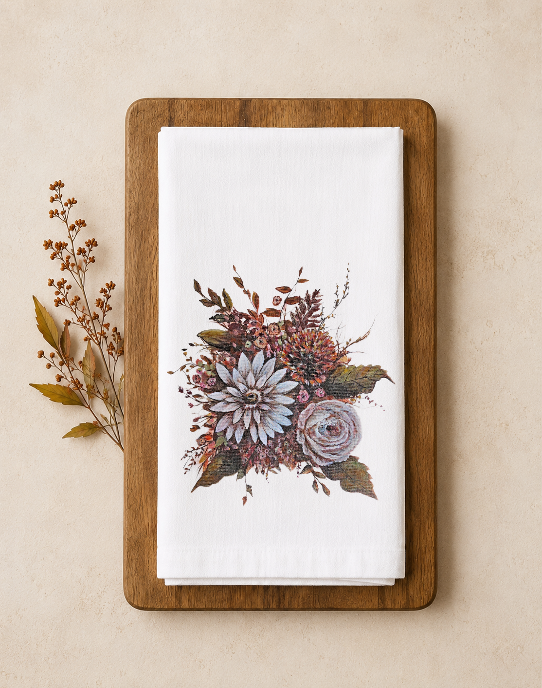 Personalized Fall Floral Tea Towel - Hand Painted Design by Natalie Runkle