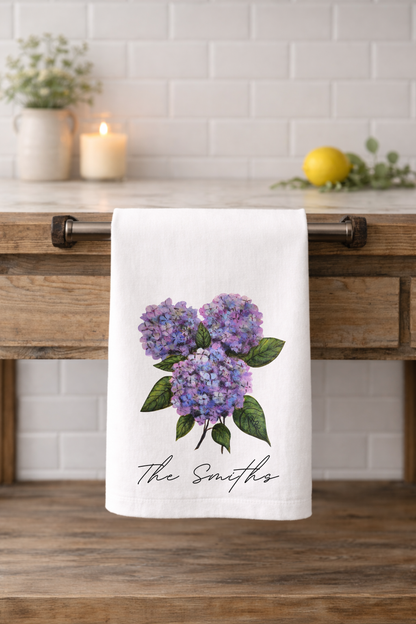 Personalized Hydrangea Flour Sack Towel - Hand Painted Design by Natalie Runkle