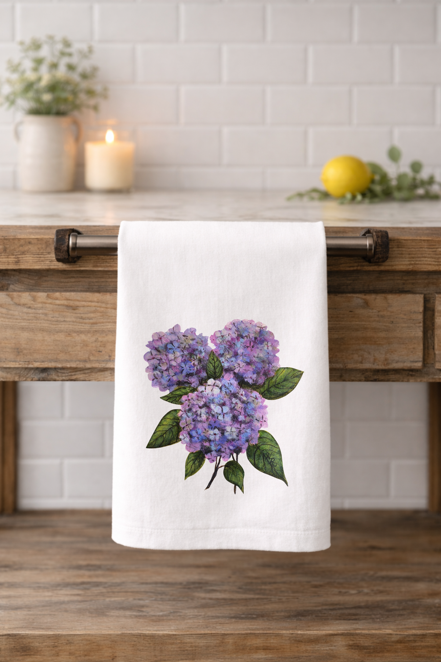 Personalized Hydrangea Flour Sack Towel - Hand Painted Design by Natalie Runkle