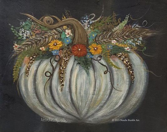 11"x14" Hand-Painted Pumpkin with Autumn Florals on Wood Panel - Original