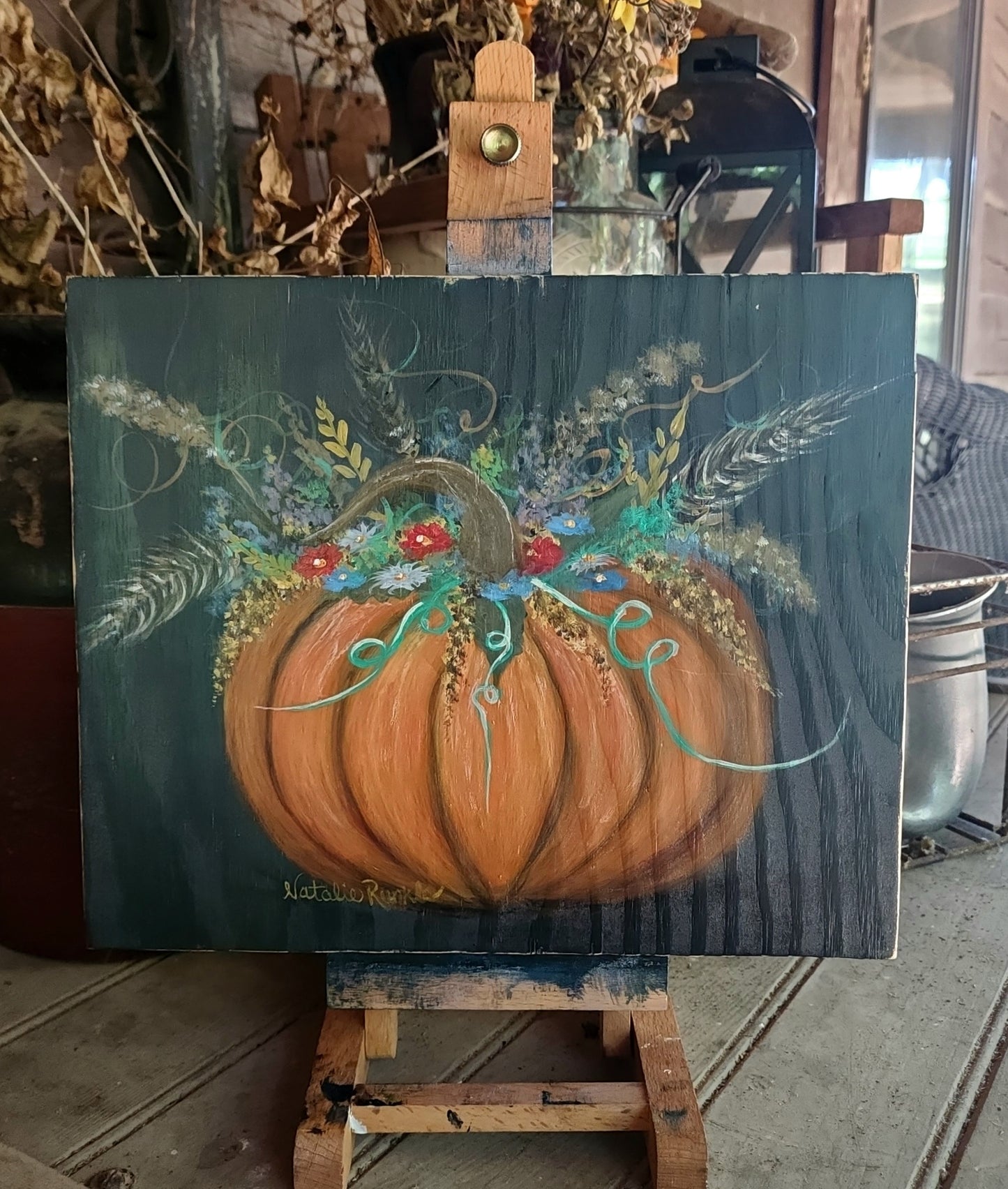 9"x11" [SOLD] Hand-Painted Boho Pumpkin with Florals on Wood Panel - Original