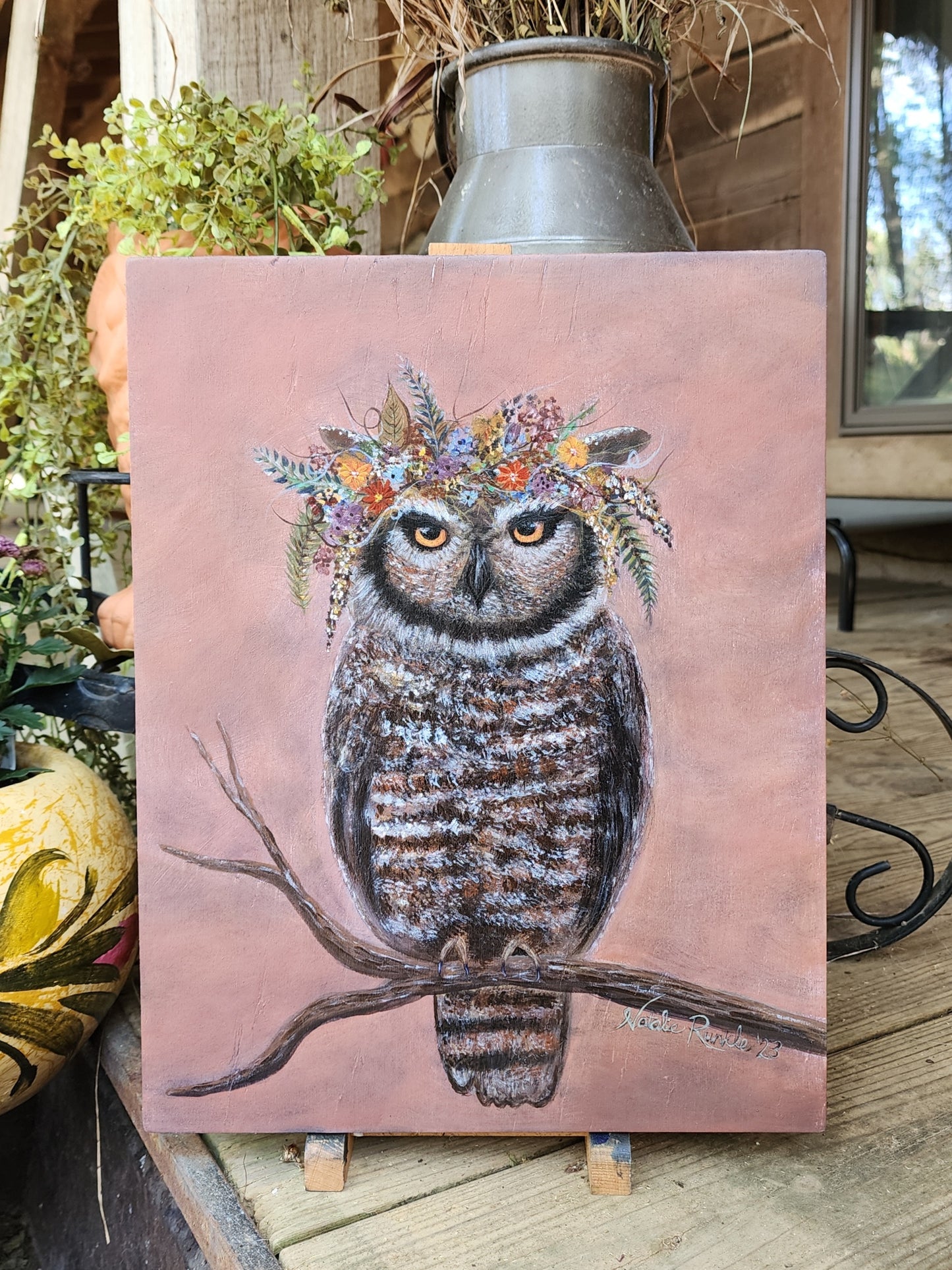 11"x14" Hand-Painted Gypsy Owl on Wood Panel - Original