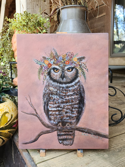 11"x14" Hand-Painted Gypsy Owl on Wood Panel - Original