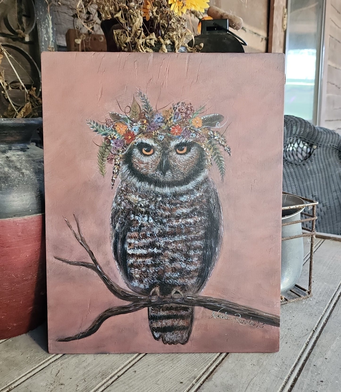 11"x14" Hand-Painted Gypsy Owl on Wood Panel - Original