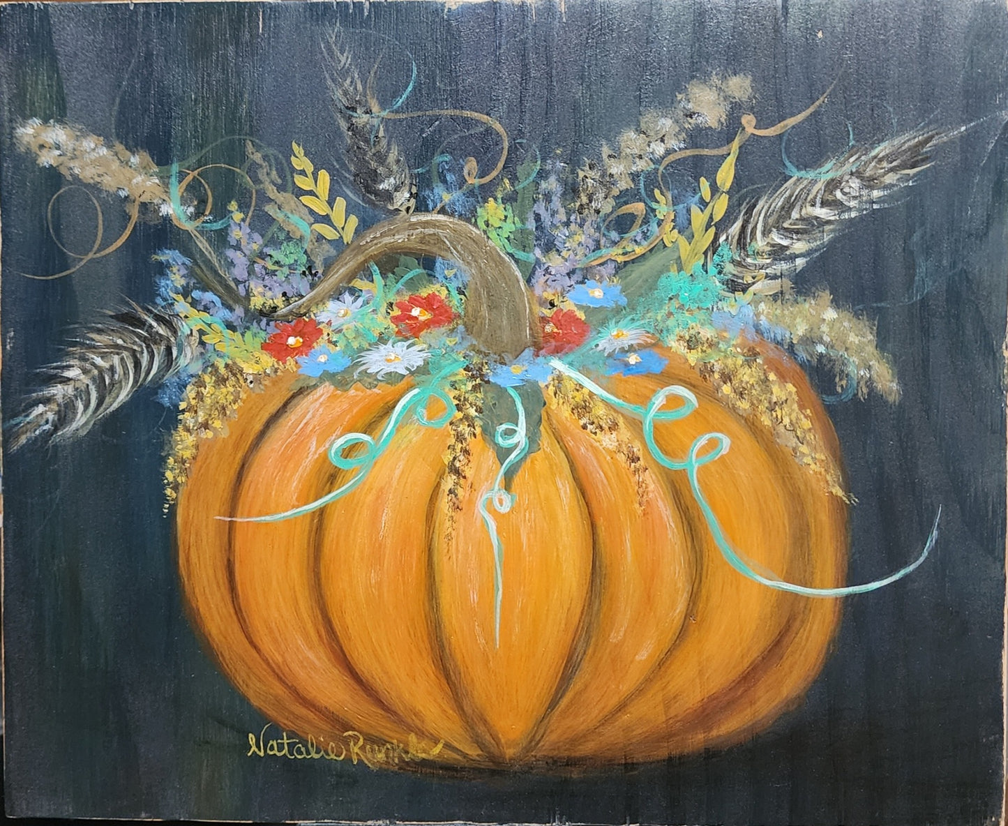 9"x11" [SOLD] Hand-Painted Boho Pumpkin with Florals on Wood Panel - Original