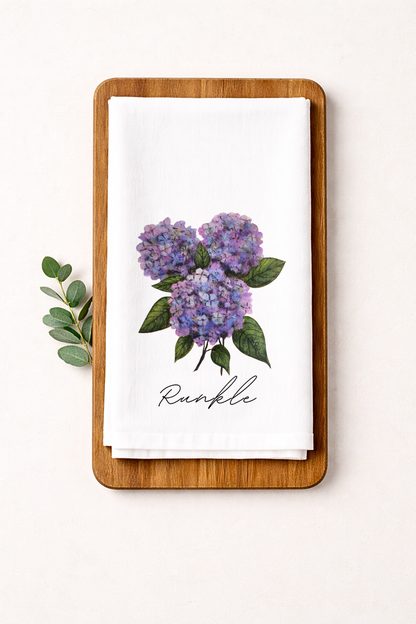 Personalized Hydrangea Flour Sack Towel - Hand Painted Design by Natalie Runkle