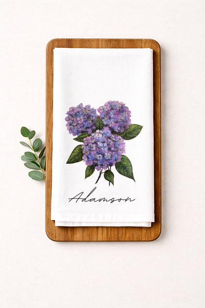 Personalized Hydrangea Flour Sack Towel - Hand Painted Design by Natalie Runkle