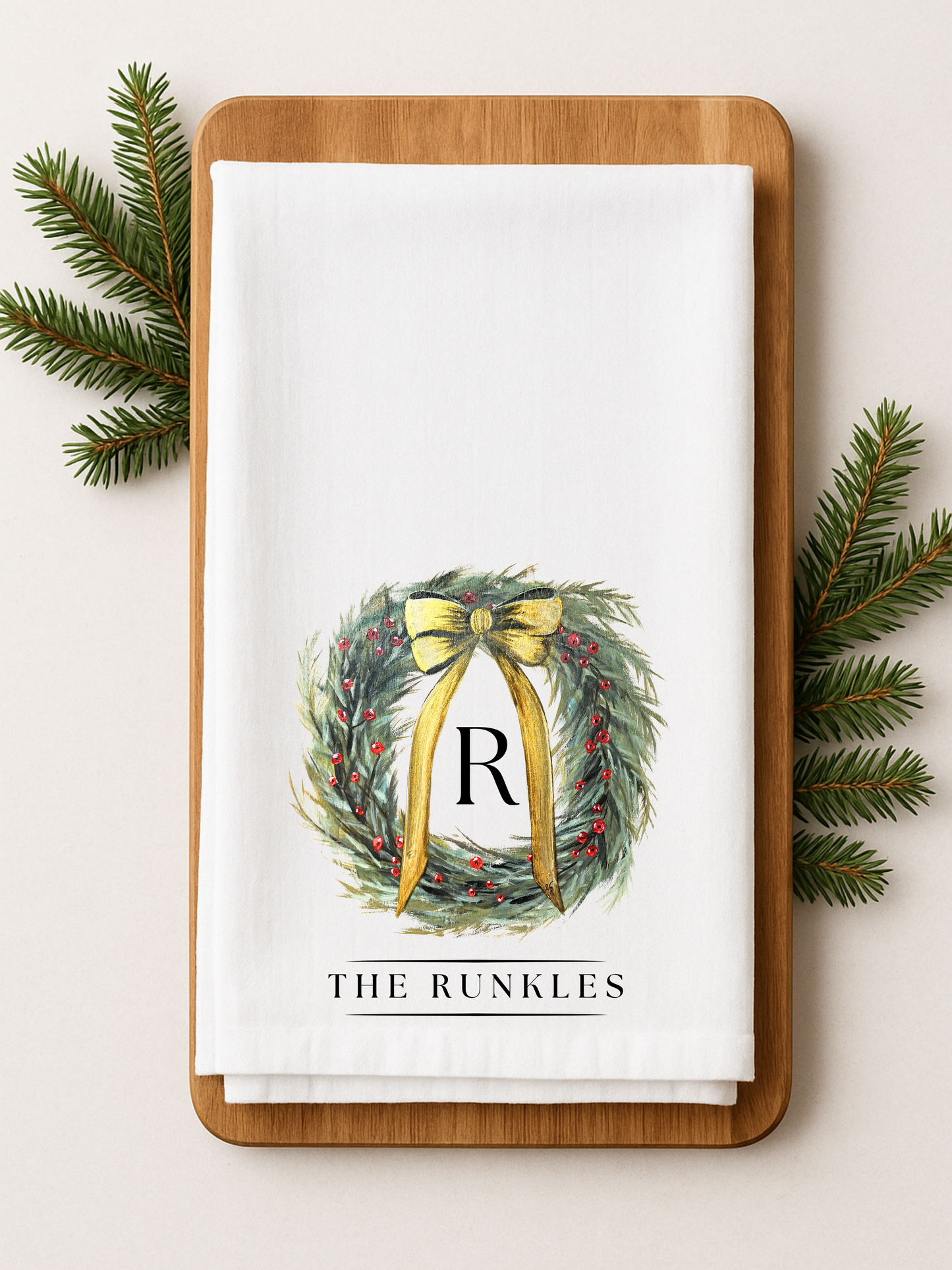 Personalized Christmas Wreath Flour Sack Towel - Hand Painted Design by Natalie Runkle