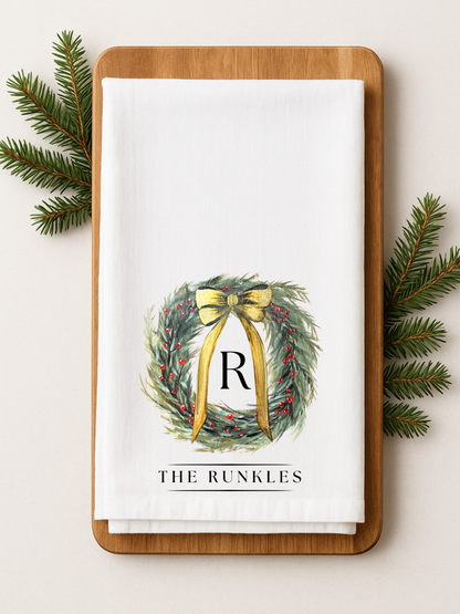 Personalized Christmas Wreath Flour Sack Towel - Hand Painted Design by Natalie Runkle