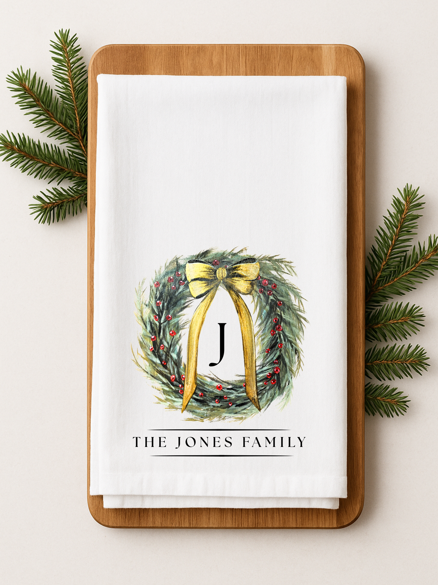 Personalized Christmas Wreath Flour Sack Towel - Hand Painted Design by Natalie Runkle