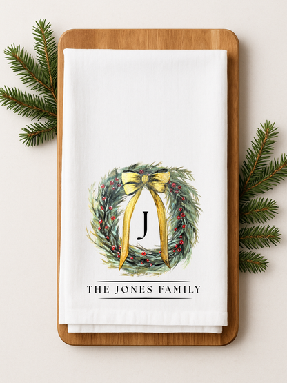 Personalized Christmas Wreath Flour Sack Towel - Hand Painted Design by Natalie Runkle