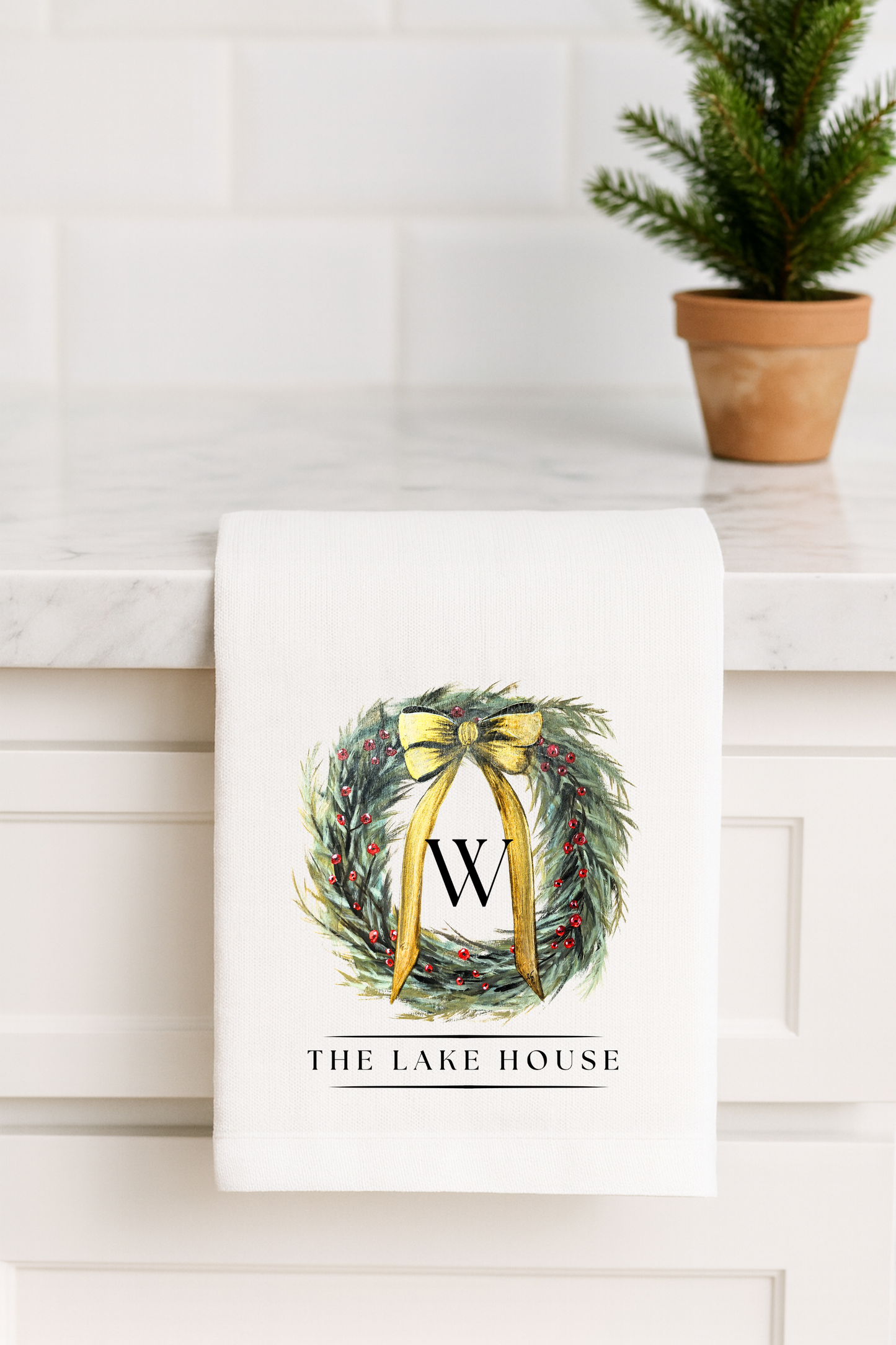 Personalized Christmas Wreath Flour Sack Towel - Hand Painted Design by Natalie Runkle