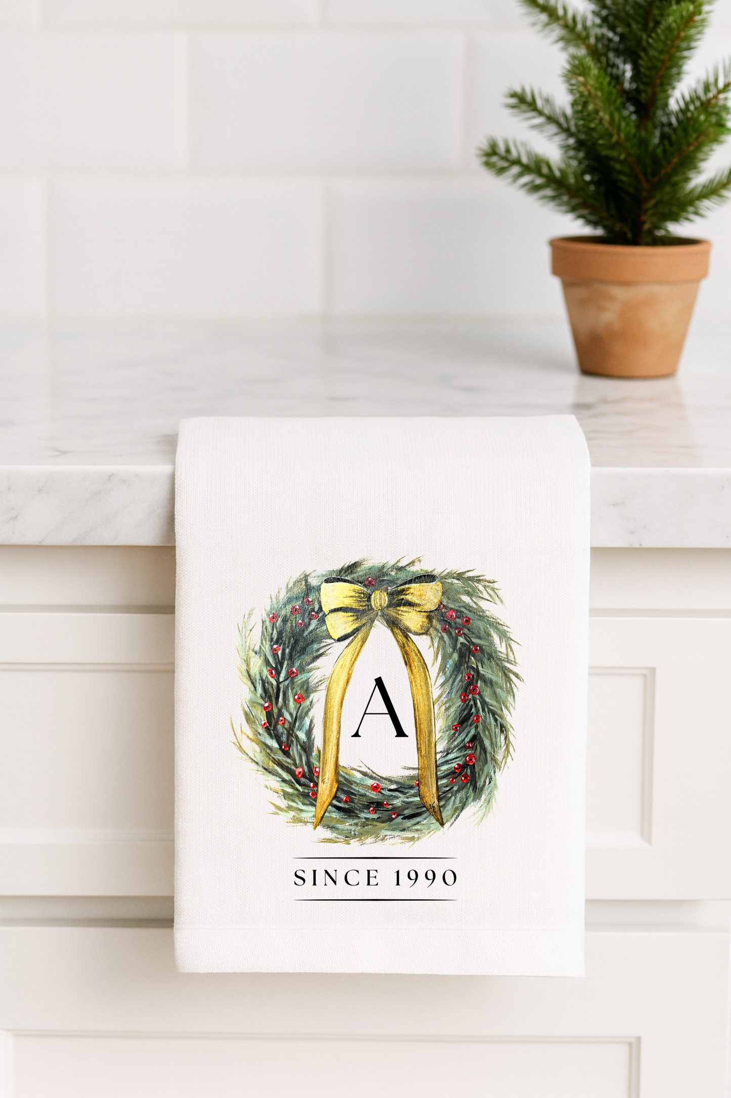 Personalized Christmas Wreath Flour Sack Towel - Hand Painted Design by Natalie Runkle