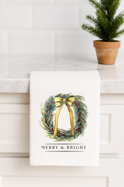 Personalized Christmas Wreath Flour Sack Towel - Hand Painted Design by Natalie Runkle