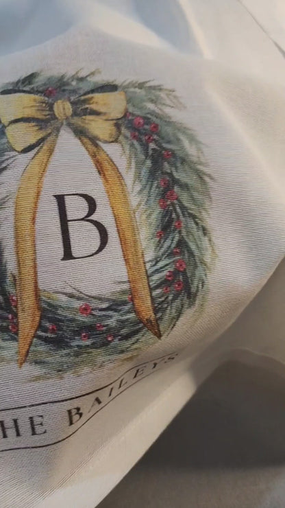 Personalized Christmas Wreath Flour Sack Towel - Hand Painted Design by Natalie Runkle